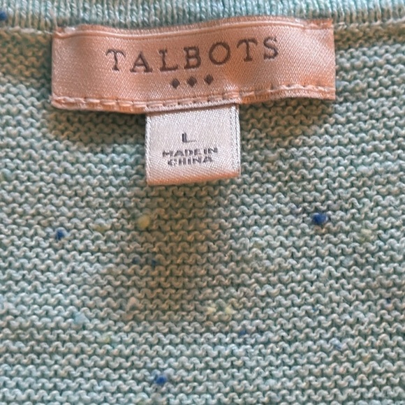 Talbots light aqua speckled ruffle hem 3/4 sleeves spring cotton blend sweater L - Picture 5 of 8